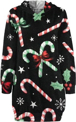 Vista 3 de Sudadera larga con capucha de Navidad para mujer, manga larga, estampado de copos de nieve, vestido de Navidad