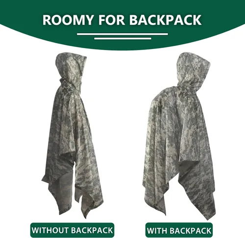 Vista 2 de GRVCN Poncho de lluvia militar, impermeable de camuflaje impermeable ligero al aire libre