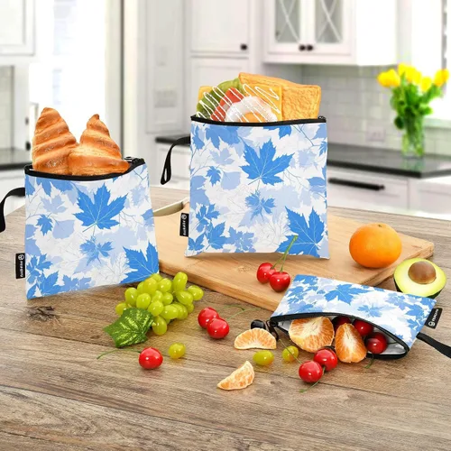 Vista 8 de Blue Elegant Romantic Maple Leaf 3 piezas reutilizables para sándwiches y aperitivos, bolsa de maquillaje multiusos para aperitivos, bolsa