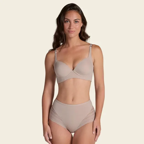 Vista 2 de Leonisa Faja Invisible de Cintura Alta con Control de Abdomen para Mujeres - Ropa Interior de Encaje a Rayas para Damas Panties Beige