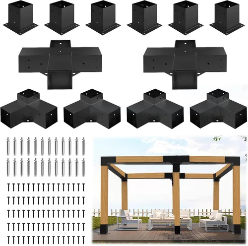 Vista 7 de JEXALINE Kit de pérgola de acero de aleación pesada con soportes en forma de T de 3 vías para madera de 4 x 4 pulgadas (real 3.6 x 3.6 pulgadas)
