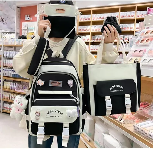 Vista 2 de Juego de mochila Kawaii de 5 piezas, bonita mochila escolar estética, suministros juveniles, conjunto de mochila y accesorios, Negro Schoolbag8