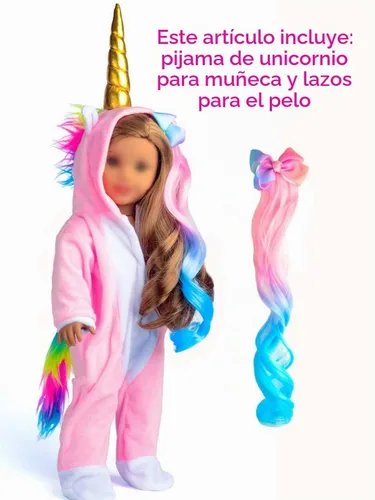 Vista 5 de Ropa para muñeca de 18 pulgadas, disfraz de unicornio, pijama y mameluco con arcoíris, pinzas de pelo con moño. Se ajusta a muñecas de 18 pulgadas