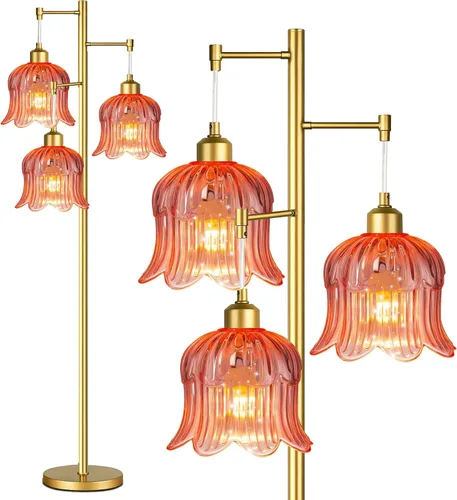 Vista 18 de QIYIZM Lámpara de pie para sala de estar, dormitorio, estilo granja, arco, ratán, boho, lámpara de pie con control remoto regulable, pantalla