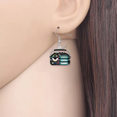 Vista 2 de Aretes de cinta de casete de radio vintage de acrílico para mujer, joyería retro de los años 80 y 90, regalos nostálgicos para fiestas
