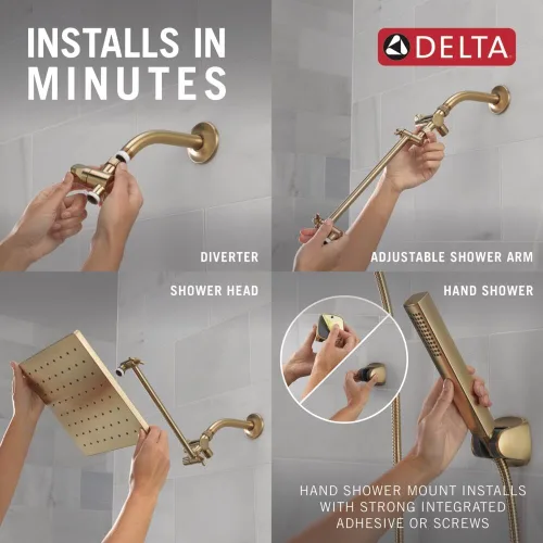 Vista 5 de Delta Faucet - Conjunto de regadera tipo lluvia de 10 pulgadas y ducha de mano, regadera cuadrada dorada, de efecto lluvia, ducha de mano, de alta