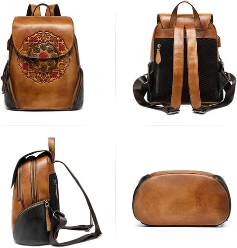 Vista 4 de Mochila de cuero para mujer, organizador retro de bronceado vegetal, bolso de cuero vintage en relieve tótem, naranja marrón, Bolso de hombro tótem