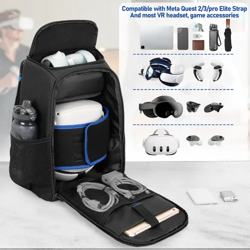 Vista 2 de Bolsa de transporte de almacenamiento compatible con Oculus Meta Quest 2/Quest 3/Quest 3S/Quest Pro/VR Elite correa y controlador, mochila de viaje