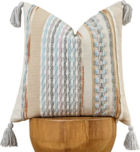 Vista 10 de AmHoo - Fundas de almohada de 18 x 18 pulgadas con borlas, fundas de almohada decorativas tejidas con textura de chenilla estilo boho para sofá