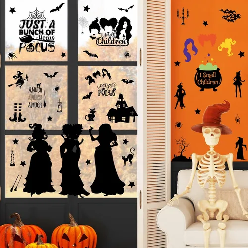 Vista 3 de Decoraciones de Hocus Pocus, calcomanías de ventana de Halloween, 9 hojas, 91 calcomanías de Hocus Pocus, calcomanías de silueta de ventana