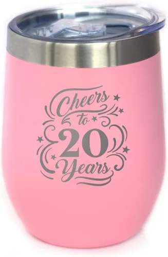Vista 11 de Cheers to 20 Years - Vaso de vino con tapa deslizante - Taza aislada de acero inoxidable - Regalo para el 20 aniversario - Negro