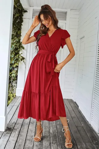Vista 8 de PRETTYGARDEN - Vestido floral para mujer estilo bohemio, cruzado, con cuello en V, manga corta, con cinturón, dobladillo con volantes, acampanado