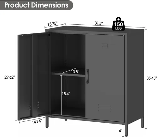Vista 3 de Armario de almacenamiento de metal con puertas y estante, gabinetes de almacenamiento para oficina, aparador para oficina, sala de estar, comedor