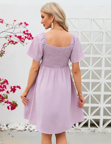 Vista 2 de KOJOOIN Vestido de maternidad de verano para mujer, lazo en la espalda, cuello cuadrado, manga abombada, hombros descubiertos, vestido de baby shower