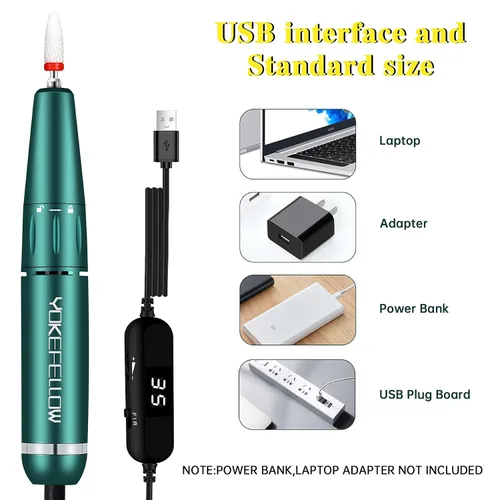 Vista 5 de YOKE FELLOW Taladro de uñas acrílico, 35000 rpm, portátil, USB, manicura, lijadora, pulidora de uñas Efile para uñas acrílicas, verde