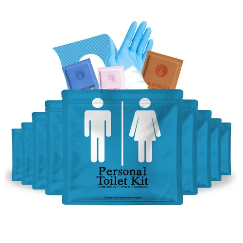 Vista 10 de Kit de inodoro personal para llevar, paquete de 10 unidades, kit de baño público desechable, envuelto individualmente para kit de protección