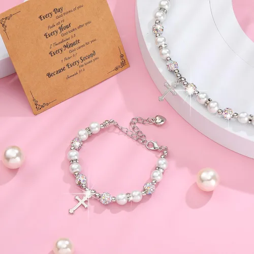 Vista 7 de 12 Piezas Pulseras de Cruz a Granel Regalos Católicos para Mujeres Hombres Recuerdos de Bautismo para Invitados Dije de Diamante de Imitación Perla