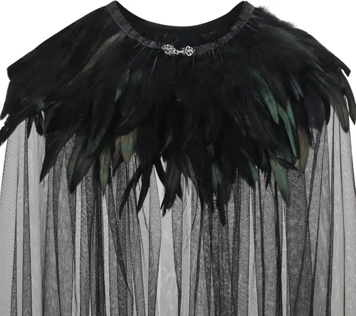 Vista 5 de Capa de Halloween para mujer, disfraz de bruja malvada Steampunk con cuello de plumas negras, capa de vampiro, disfraz de carnaval, accesorios