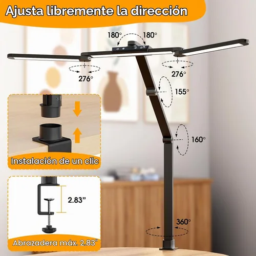 Vista 6 de ShineTech Lámpara LED de escritorio para oficina en casa, 25 modos de iluminación, lámpara LED con brazo oscilante con abrazadera, sensor de gestos