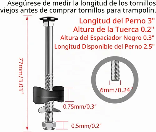 Vista 2 de 12 piezas de tornillos para trampolín, piezas de repuesto de trampolín de tornillo largo Pernos y tuercas antisueltos, accesorios de trampolín