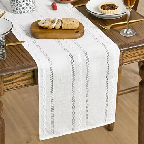 Vista 8 de Artoid Mode - Camino de mesa de lino de algodón rústico beige, decoración de mesa de cocina y comedor con bordado de temporada, para decoración