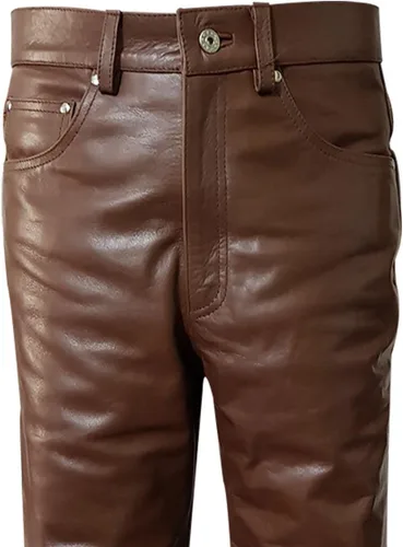 Vista 2 de Cuero De Vaca Marrón Real Elegante Y Sexy 501 Estilo Jeans Pantalones Pantalones Bikers