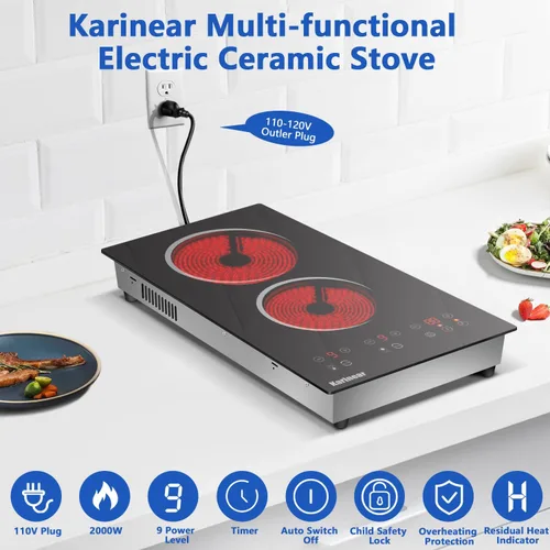 Vista 5 de Karinear 110V Electric Cooktop 2 Burner - 12 Inch Plug in Electric Stove