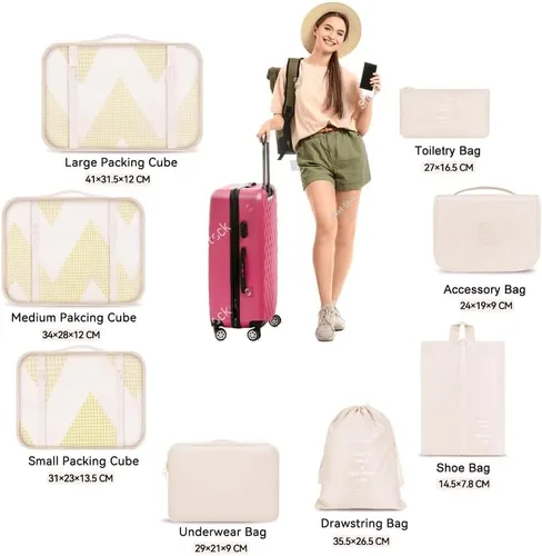 Vista 2 de MURISE Cubos de equipaje para viajes, 8 bolsas organizadoras de maleta para artículos esenciales de viaje, juego organizador de equipaje duradero