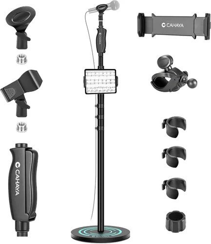 Vista 9 de CAHAYA Soporte de micrófono desmontable en el piso: soporte de micrófono resistente con base redonda pesada para teléfono y 2 clips de micrófono