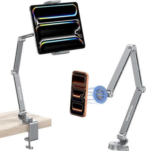 Vista 11 de OMOTON GH03 - Soporte para tablet con rotación de 360°, soporte de teléfono de brazo largo de aleación de aluminio GH03 con 2 abrazaderas de Negro