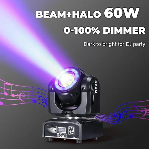 Vista 6 de Luces de cabeza móvil de 60 W, luces LED de escenario, haz RGBW, tira de ciclo de halo para DJ, activación de sonido DMX 512 para eventos, fiestas