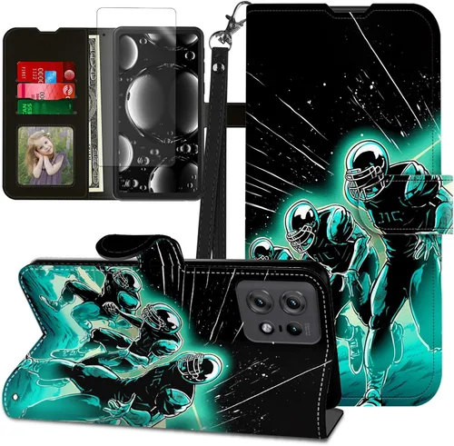 Vista 361 de Funda para Motorola Edge 2022 con protector de pantalla, soporte y tarjetero y correa para la muñeca, funda magnética para Moto Edge 2022 5G UW Lobo