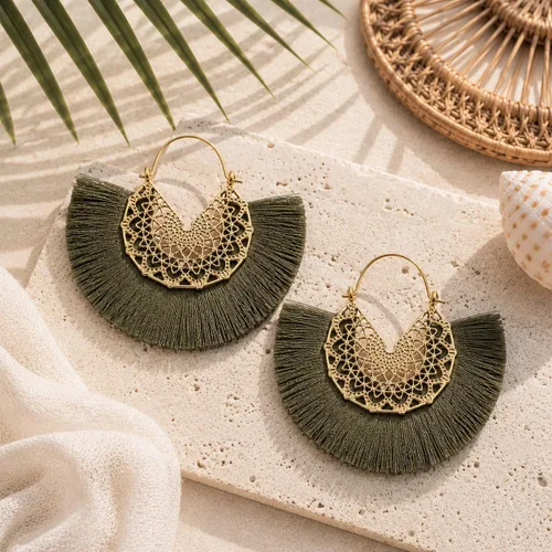 Vista 3 de Aretes de aro con borla, aretes colgantes de hilo de declaración, elegantes aretes largos con flecos, ligeros, largos y con gancho francés, para un