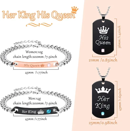Vista 3 de Juego de 8 pulseras a juego para parejas y mujeres hombres Her King His Queen I Love You Corona collares para novios y novias para regalo de joyería