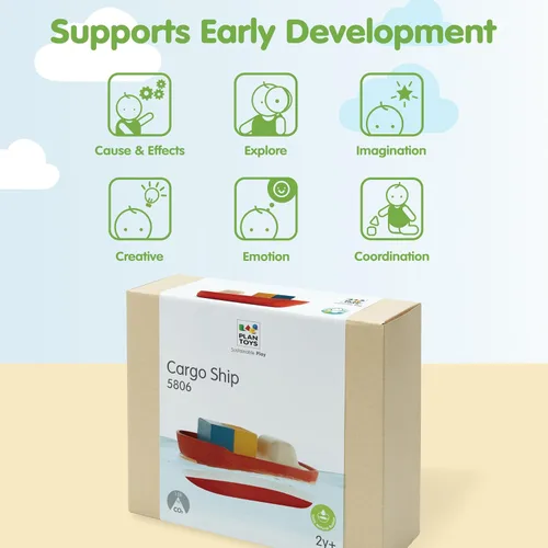 Vista 4 de PlanToys® Juguete de baño de barco de carga para niños pequeños Barco flotante con bloques de carga para jugar en el agua Juguete educativo