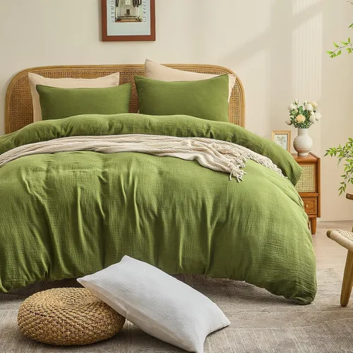 Vista 21 de MEISHANG Funda de edredón de muselina tamaño Queen, 100% algodón orgánico, funda de edredón de gasa con textura suave para todas las estaciones Beige