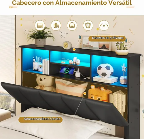 Vista 3 de VIAGDO Marcos de Cama Individuales con Cabecera de Estantería, Marco de Cama de Madera Tamaño Individual con Estación de Carga, 4 Cajones de Negro