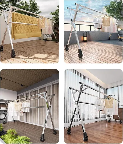 Vista 4 de Clothes Drying Rack, Heavy Duty Stainless Steel Folding Laundry Rack for Indoor Outdoor Use, Retractable Coat Hanger for Clothes, Blankets, Bed