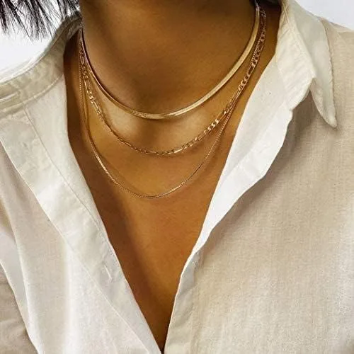 Vista 2 de JoycuFF Collar de oro para mujer, delicado collar de gargantilla en capas para mujer, caja de clip de serpiente, cuerda Figaro, collar de cadena