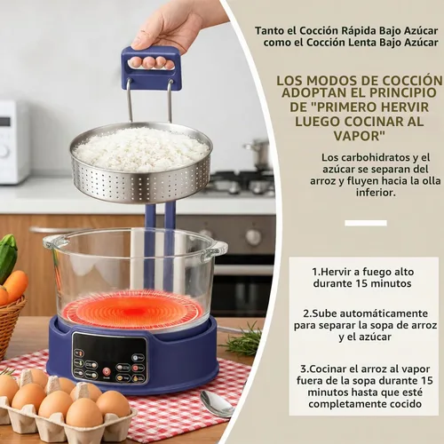 Vista 3 de Arrocera baja en azúcar 3L – Cocina multifuncional de arroz baja en carbohidratos r con cesta de elevación automática, preajuste y temporizador Azul