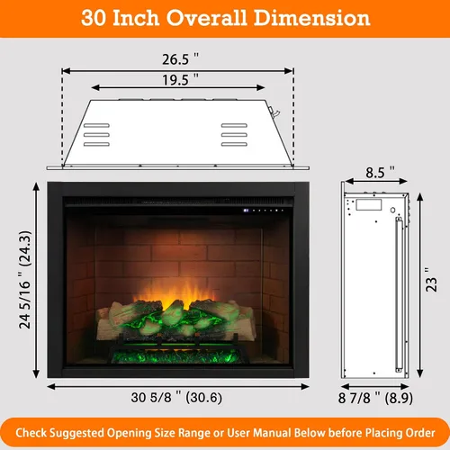 Vista 6 de Inserto de chimenea eléctrica con luz superior, opción de color de llama de 12 × 12 × 12 con sonido crepitante de fuego, 30 5/8 ″ W × 24 5/16 ″ H