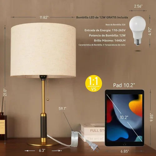 Vista 2 de Lámpara de mesa moderna de mediados de siglo de 21 pulgadas con interruptor de cadena de tracción, lámparas de noche de luz de 3 colores para Marrón