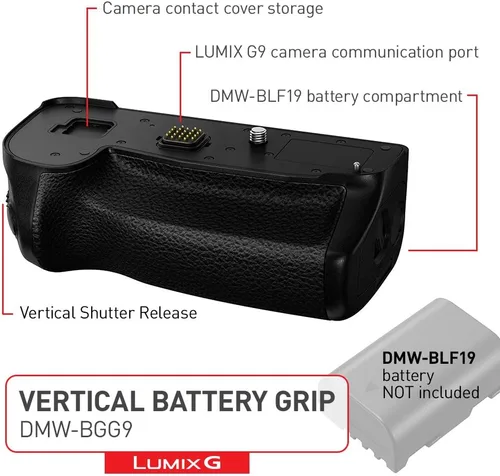Vista 2 de Panasonic Auténtico LUMIX G9 - Agarradera vertical de batería, con palanca de control de disparador y control de punto de enfoque, negro (DMW-BGG9)