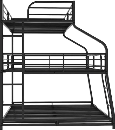 Vista 7 de Flieks Cama triple de metal individual XL sobre matrimonial XL sobre cama Queen con escaleras, litera para familia, adolescentes, no necesita somier