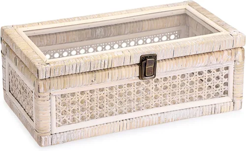 Vista 15 de Hipiwe Caja de exhibición de ratán con tapa de almacenamiento decorativo