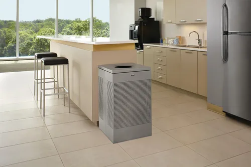 Vista 2 de Rubbermaid Commercial Products Silhouette Cubo de basura cuadrado con tapa abierta, 16 galones, plateado metálico, interior para oficinas/vestíbulos