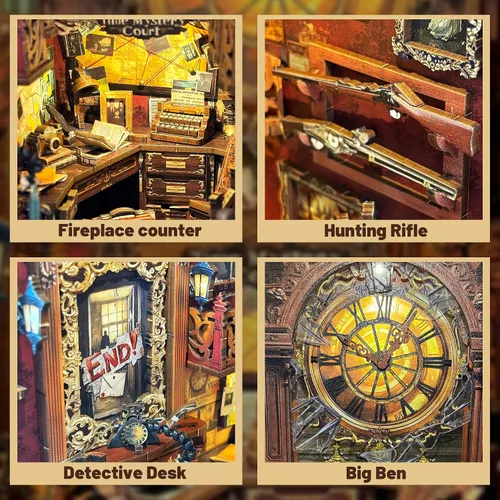 Vista 3 de Jioustoy Kit de rincón de libros para adultos, rincón de libros con cubierta antipolvo. Casa de muñecas en miniatura 3D sujetalibros de madera