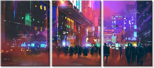 Vista 11 de Arte de pared de 3 piezas de escena de ciencia ficción de la calle comercial futurista paisaje urbano, decoración de pared para dormitorio