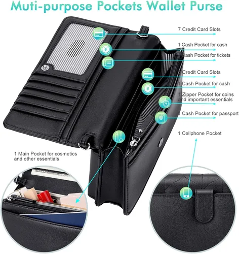 Vista 3 de nuoku - Bolso bandolera pequeño para mujer con ranuras para tarjetas RFID, 2 correas Negro Design