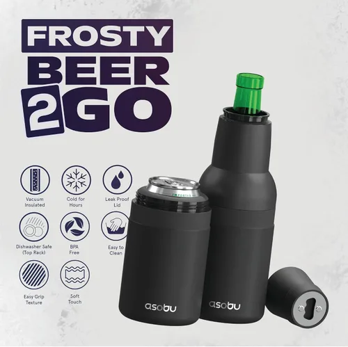 Vista 2 de Asobu Frosty Beer Holder, enfriador de latas y botellas de cerveza de acero inoxidable de doble pared con aislamiento al vacío y destapador